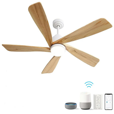 Indoor Ceiling Fan With Dimmable Led Light 5 Solid Wood Blades Remote Control Reversible Dc Motor With Smart App Control - White - Furniture Home Direct