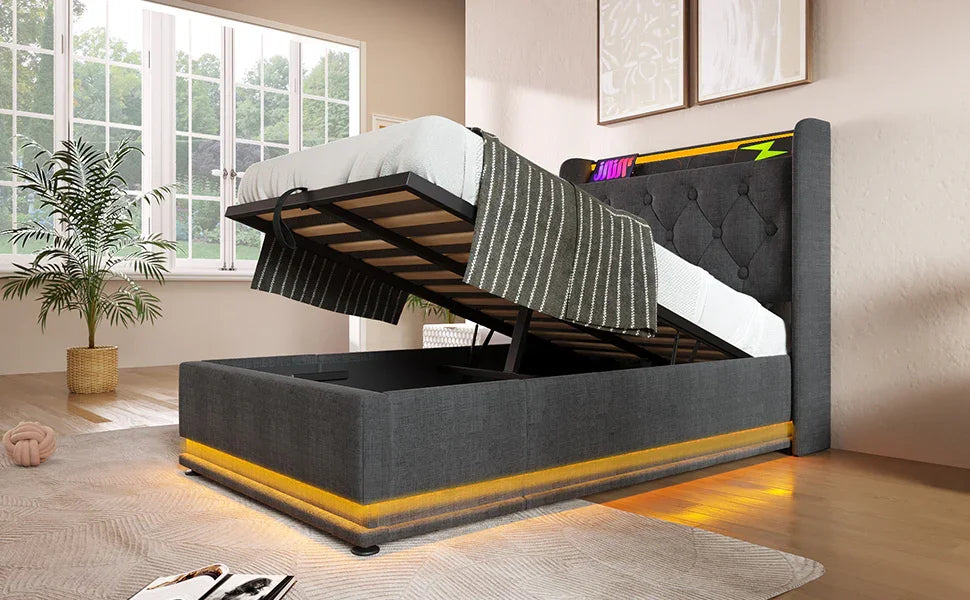 Twin Upholstered Bed 360 Surround LED Lighting USB C Gray - Furniture Home Direct