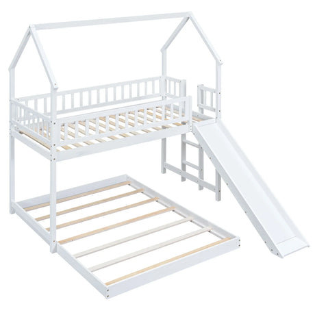 Hearth & Haven - Twin Over Full House Bunk Bed With Slide, Built In Ladder And Full Length Guardrail - White - Furniture Home Direct