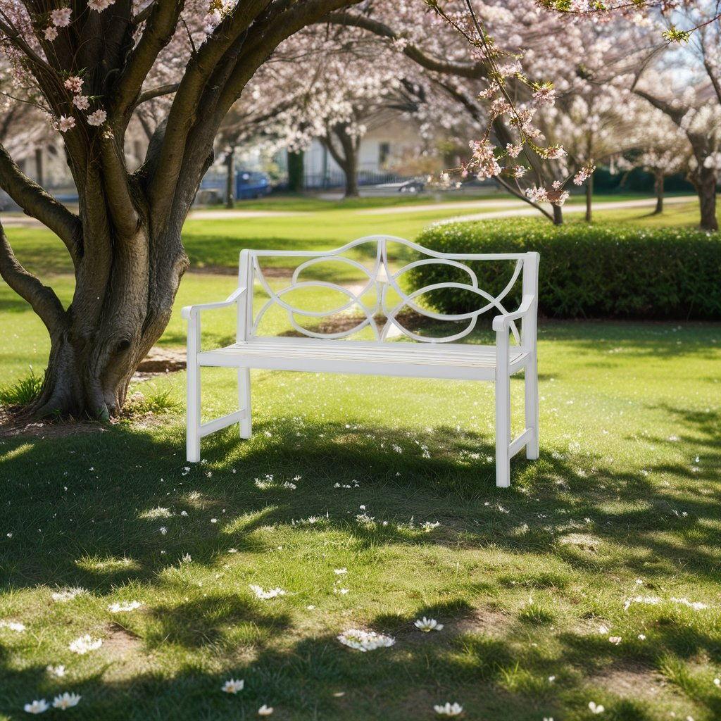 Outdoor Garden Patio Bench With Backrest And Armrest, Slatted Seat For Park, Yard & Porch, Balcony, Accommodates 2 - 3 People - White - Furniture Home Direct