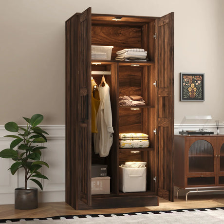 2-Door Wardrobe Armoire with LED and 4 Storage Shelves, Brown - Furniture Home Direct