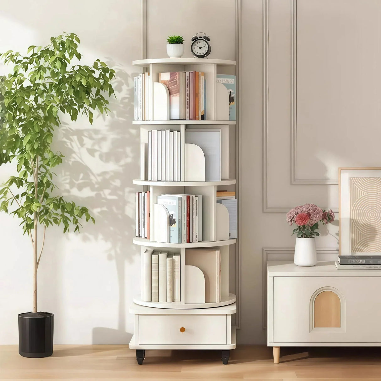 Rotating Bookshelf With Wheels And Drawer, 360° Spinning Design, Space Saving Storage - Furniture Home Direct