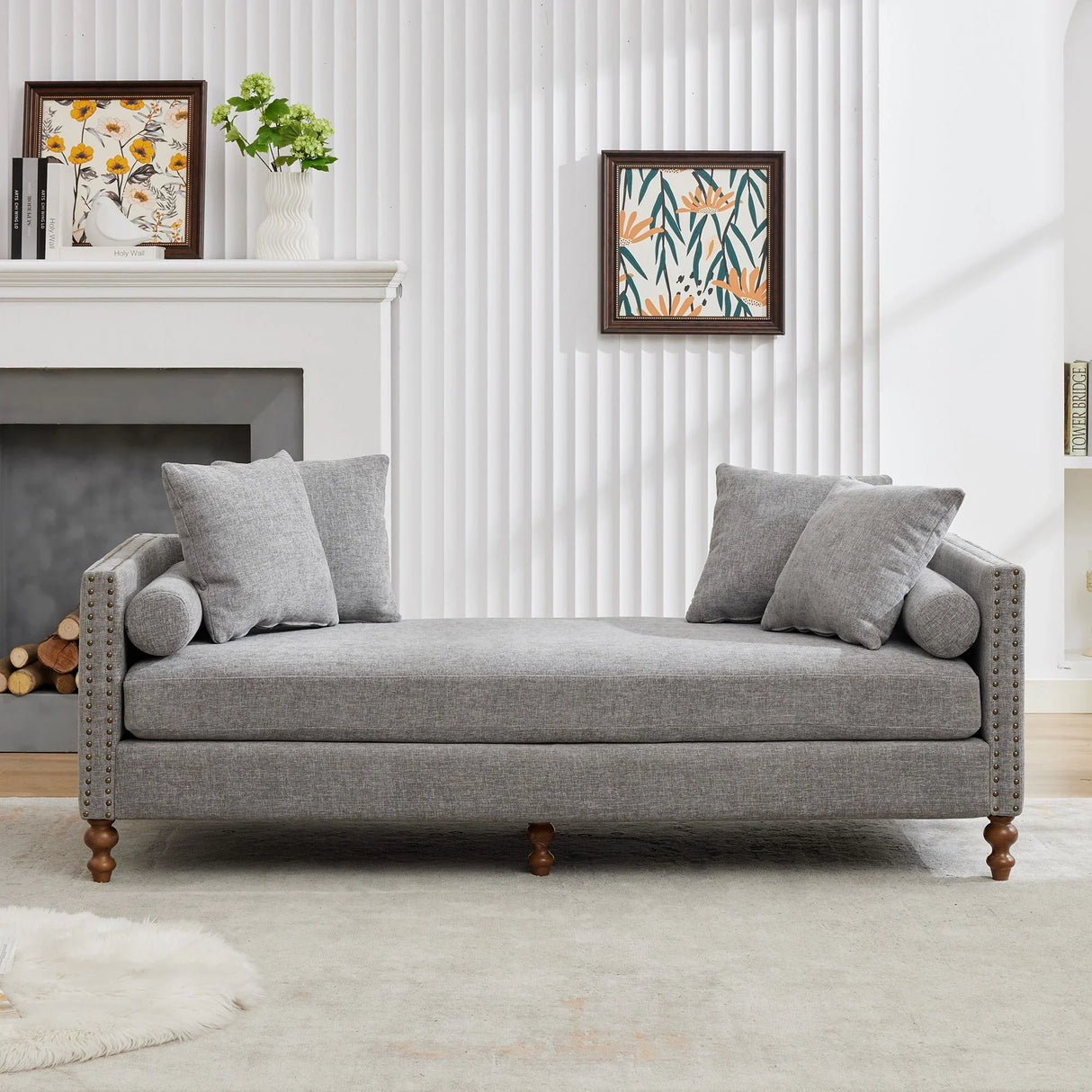 Upholstered Chaise Lounge Indoor With Nailheads, Sleeper Sofa Couch With 4 Throw Pillows & 2 Bolsters, Daybed With Rubberwood Legs - Furniture Home Direct