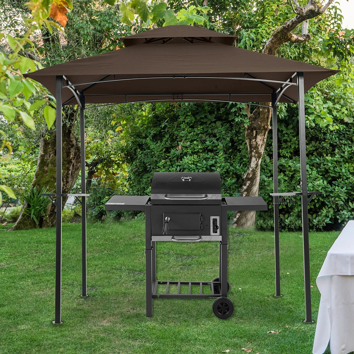 Outdoor Grill Gazebo With Double Tier Soft Top Canopy, Steel Frame, Bar Counters & Hook - Furniture Home Direct