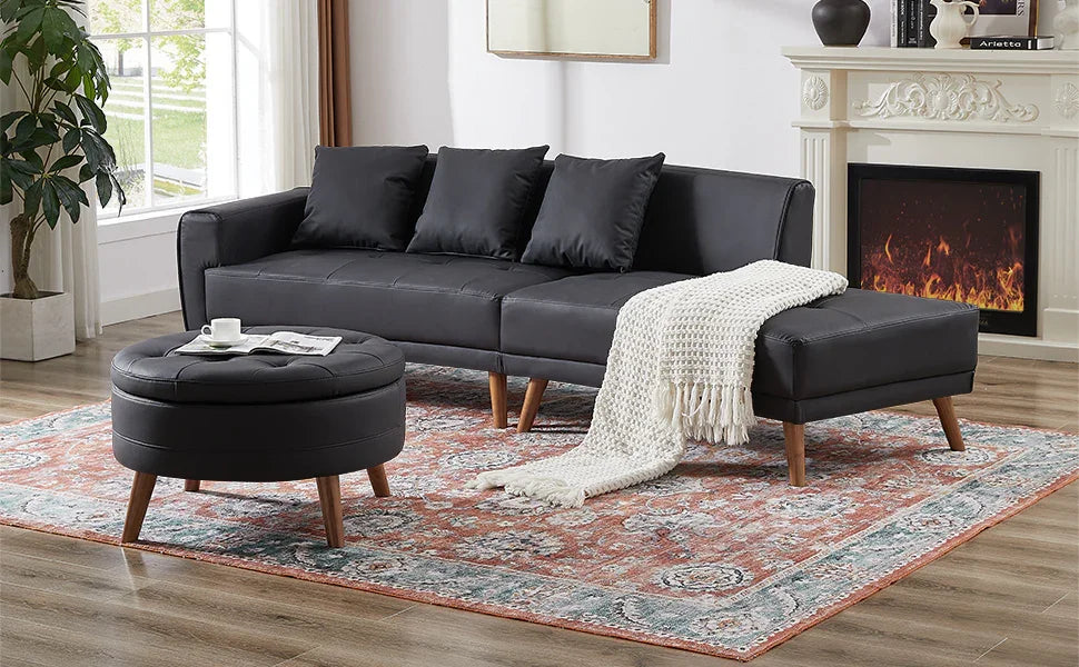 107 Inch Black Sectional With Round Storage Ottoman - Furniture Home Direct