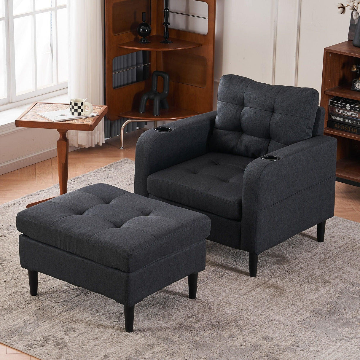 Upholstered Armchair And Storage Ottoman Set, Comfortable Single Sofa With Cup Holders And Tufted Detailing, Ideal For Living Room Or Bedroom - Furniture Home Direct
