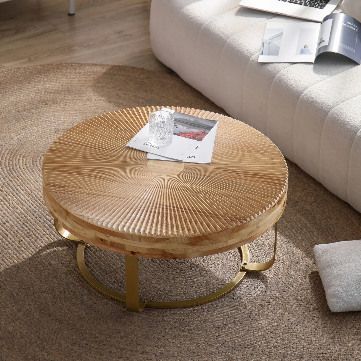 Coffee Table Round Carved Sunburst Top Natural Gold - Furniture Home Direct