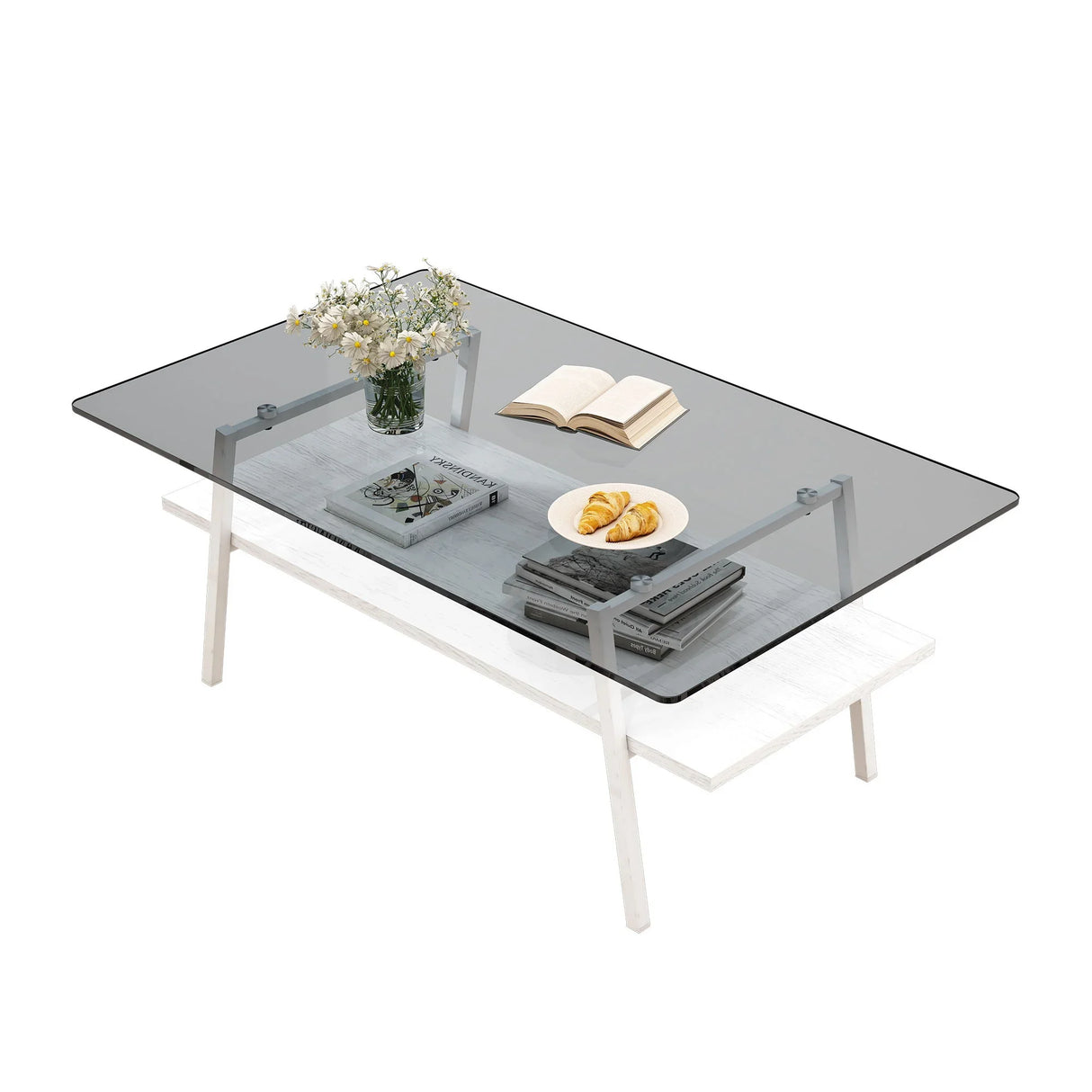 Rectangle Coffee Table, Tempered Glass Tabletop With Metal Legs - Furniture Home Direct
