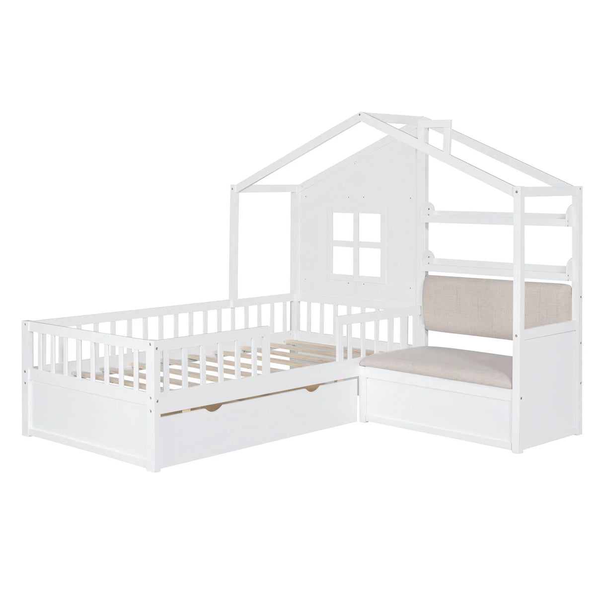 House Bed With Sofa, Kids Platform Bed With 2 Drawers And Storage Shelf - Furniture Home Direct