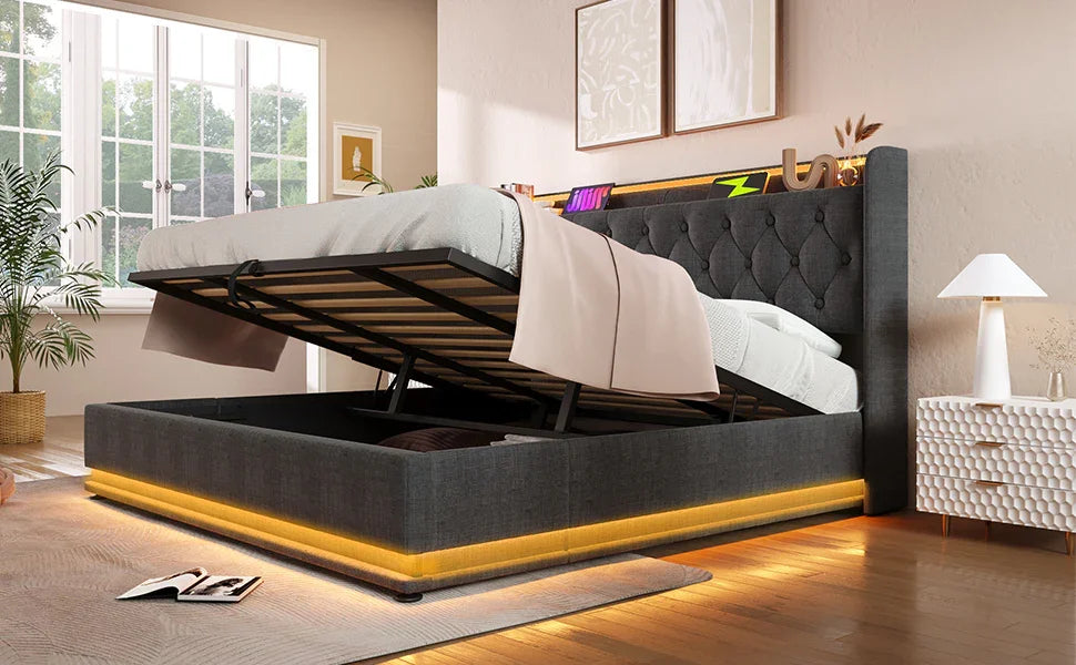 King Bed LED 360 Surround Lighting Storage USB Type C Gray - Furniture Home Direct