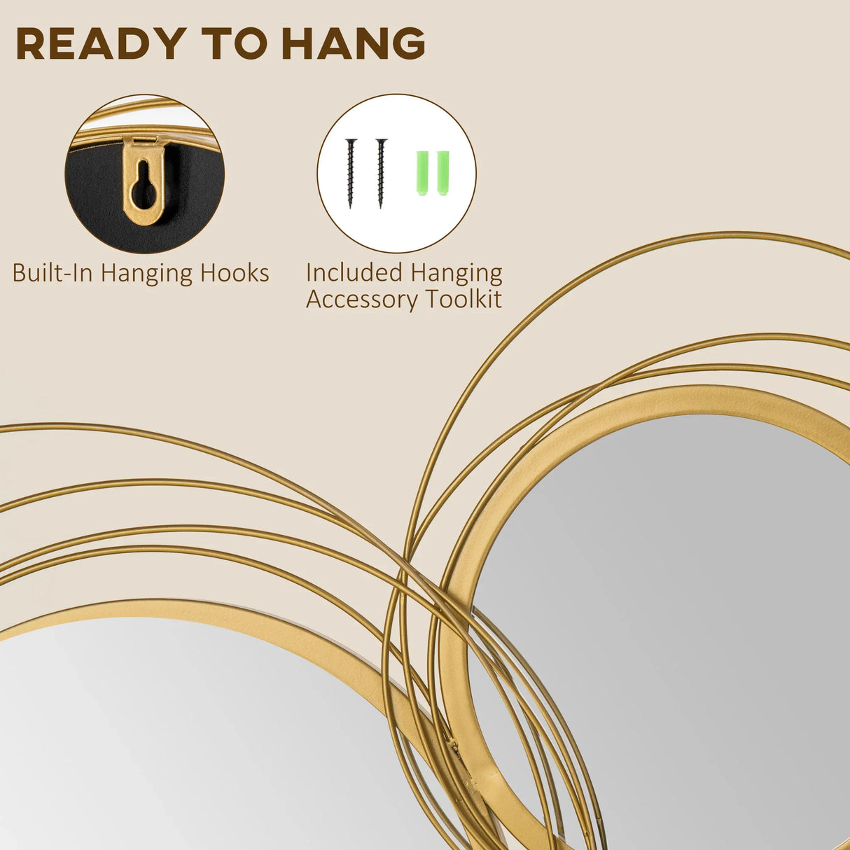 Round Mirror Wall Art Set With Gold Metal Rings Gold - Furniture Home Direct