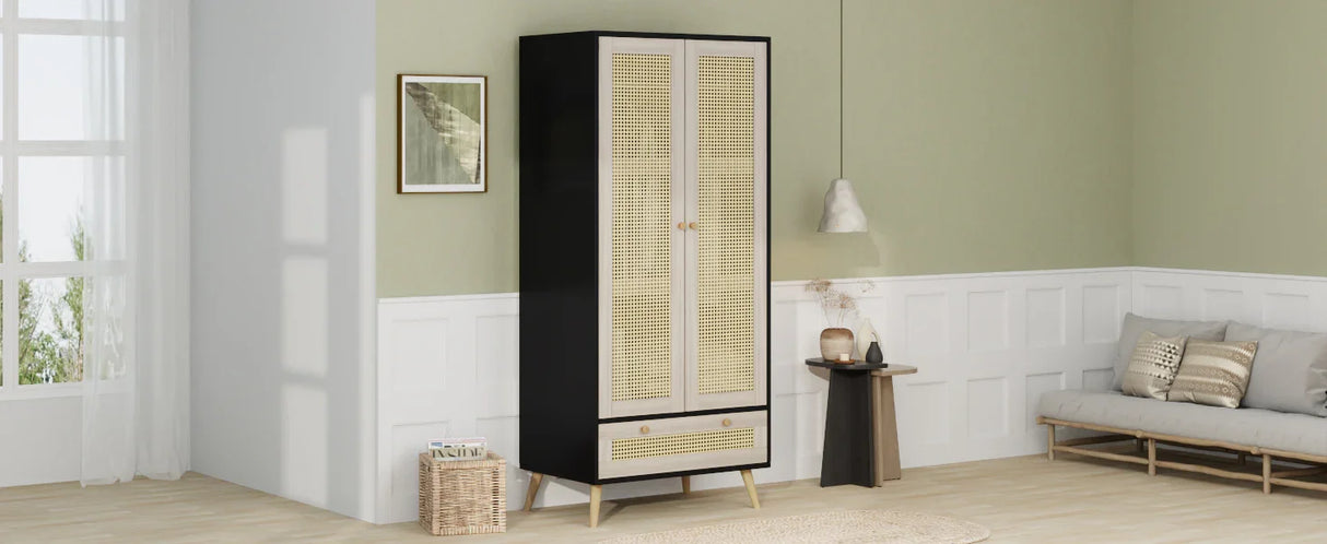 Wardrobe With 2 Rattan Doors And Drawer Natural Black - Furniture Home Direct