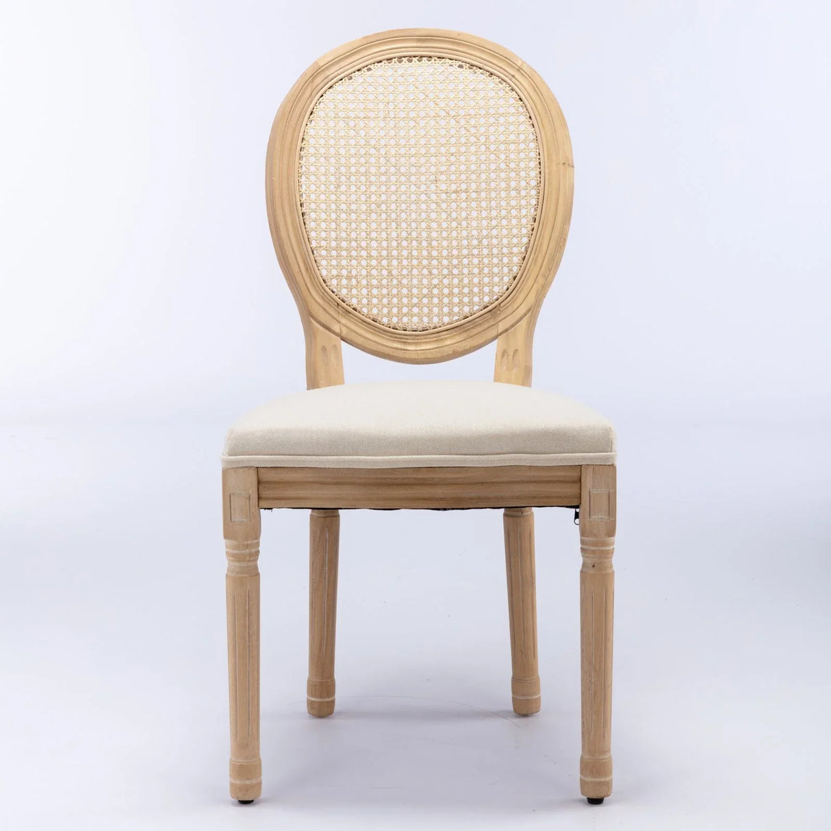 French Style Solid Wood Frame Antique Painting Linen Fabric Rattan Back Dining Chair (Set of 2) - Furniture Home Direct