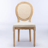 French Style Solid Wood Frame Antique Painting Linen Fabric Rattan Back Dining Chair (Set of 2) - Furniture Home Direct