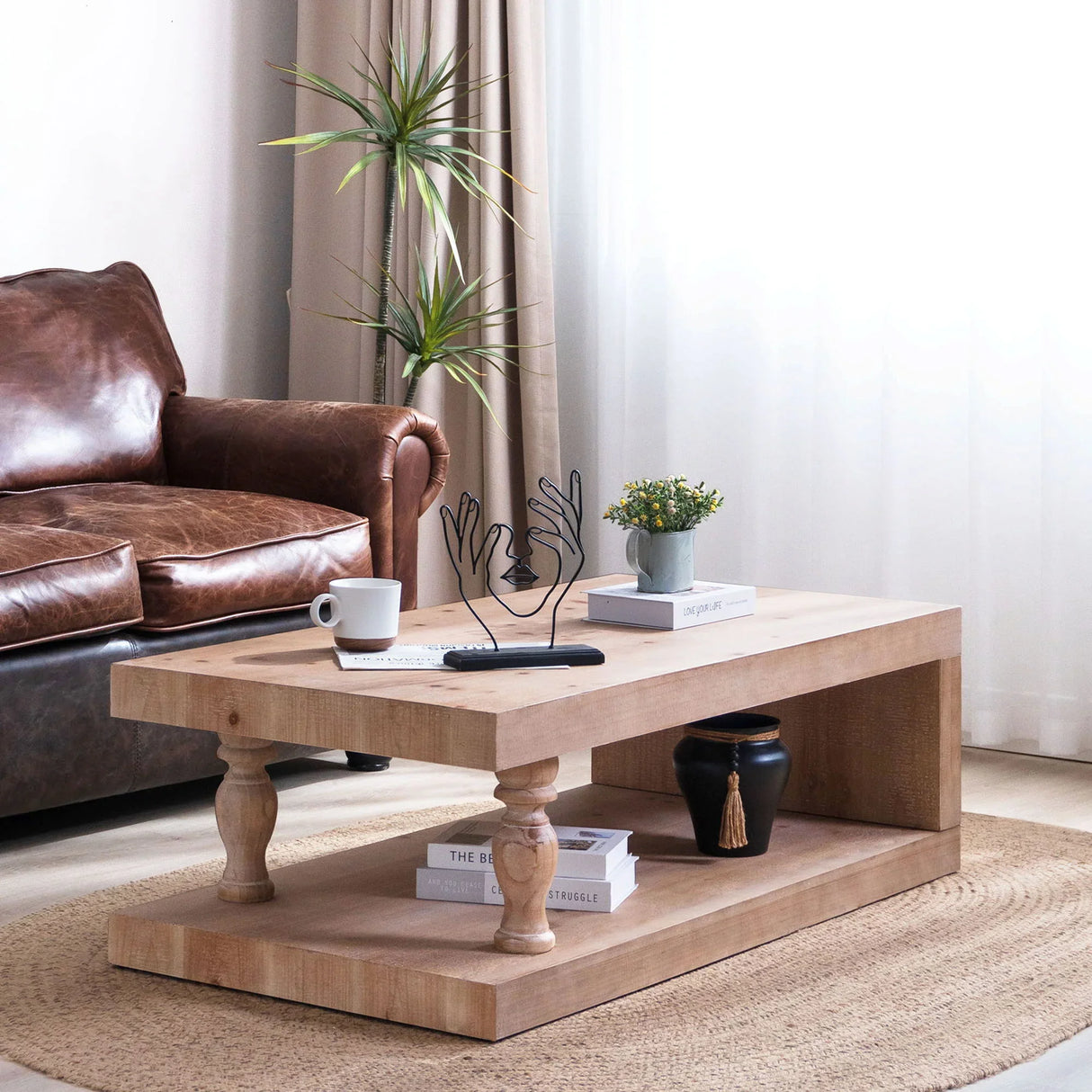Rustic Solid Wood Coffee Table With Open Shelf, Modern Farmhouse Design - Light Natural / Natural - Furniture Home Direct
