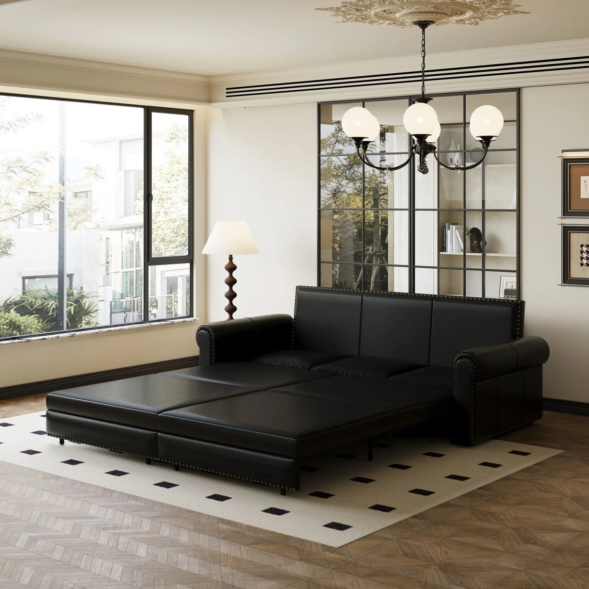 3 In 1 Convertible Sleeper Sofa With Nailhead Trim & Rolled Arm - Furniture Home Direct