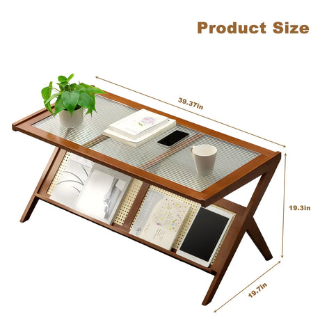 Rattan Coffee Tables For Living Room, Mid Century Modern Coffee Table With Glass Top, Large Boho Center Table With Storage - Brown - Furniture Home Direct