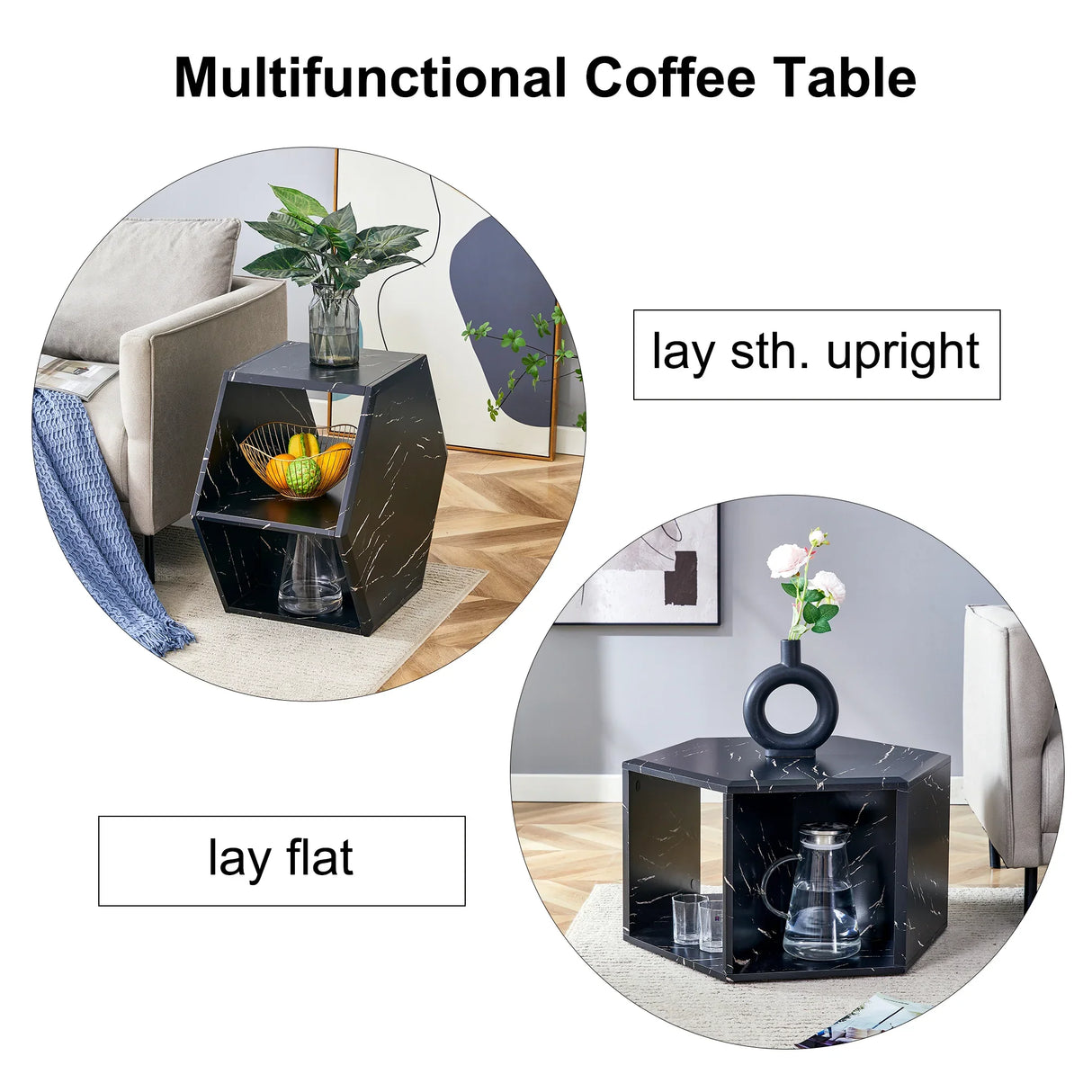 Coffee Table Hexagonal Textured Marble Look Accent Black - Furniture Home Direct