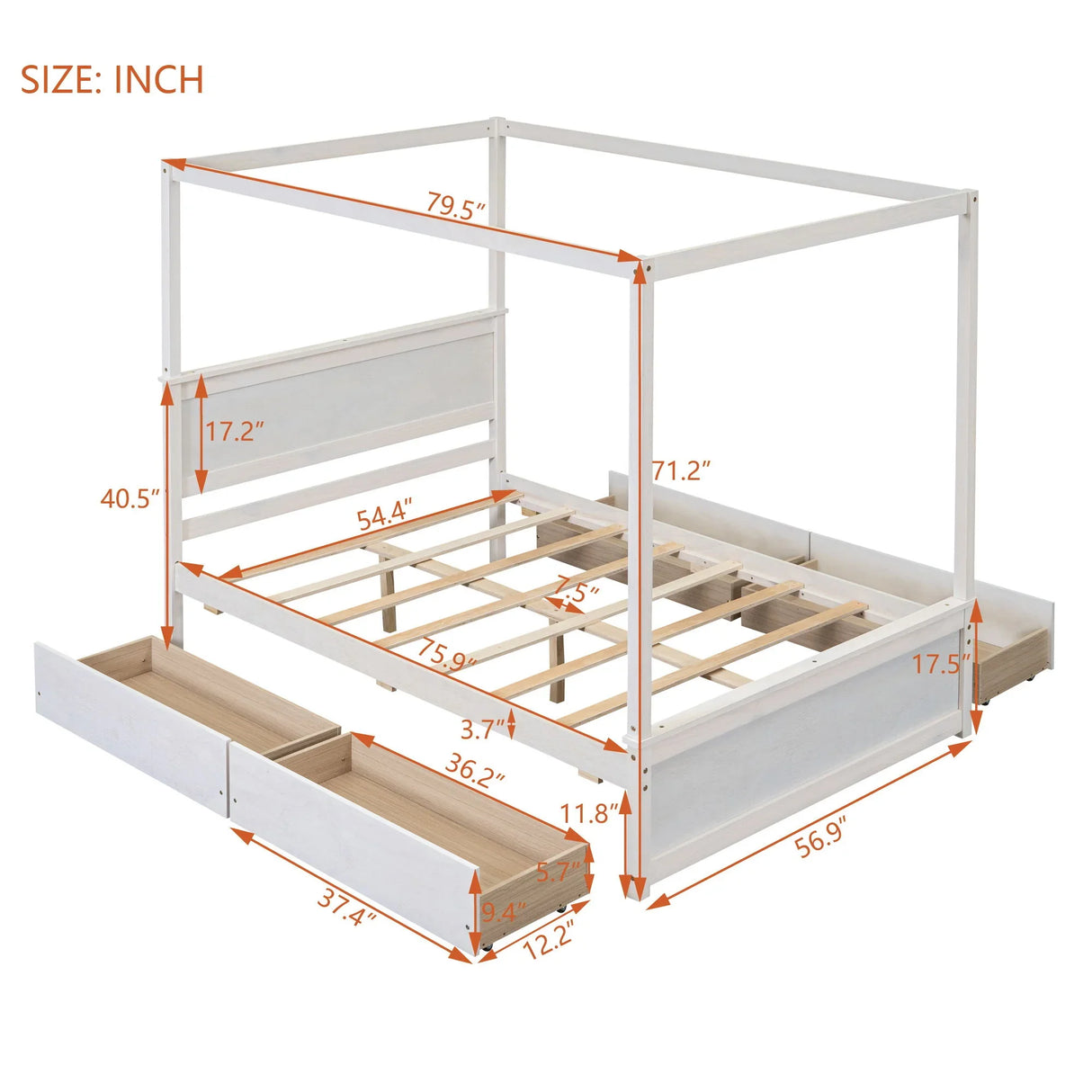 Canopy Platform Bed With Drawers, Support Slats, No Box Spring Needed - Furniture Home Direct