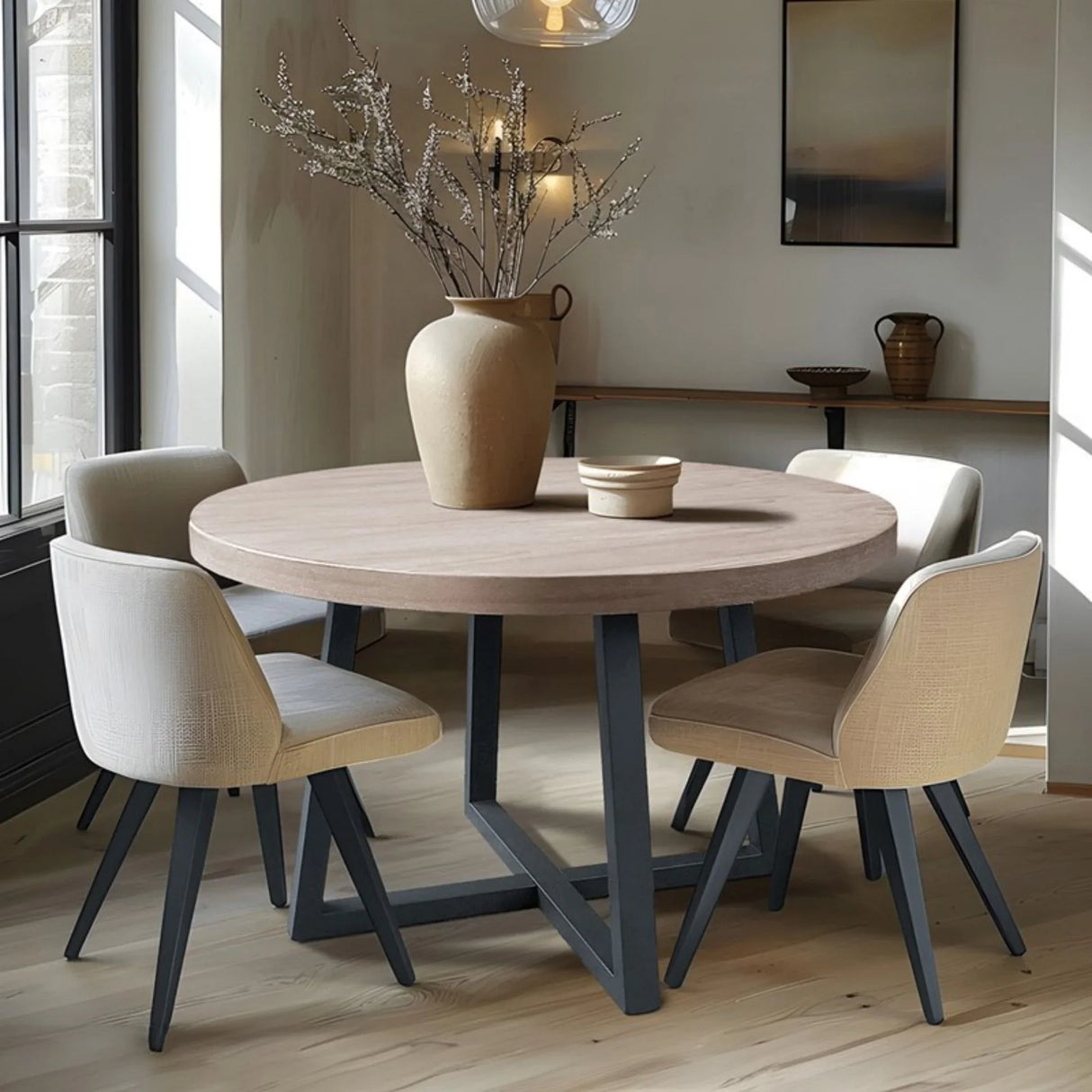 Round Dining Table With Wire Brushed Mindi Top And Mahogany Base - Wheat - Furniture Home Direct