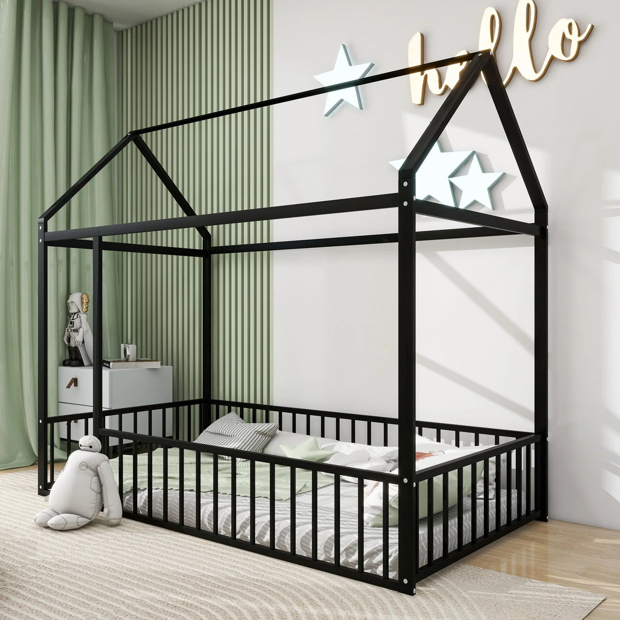 Metal Bed House Bed Frame With Fence - Furniture Home Direct