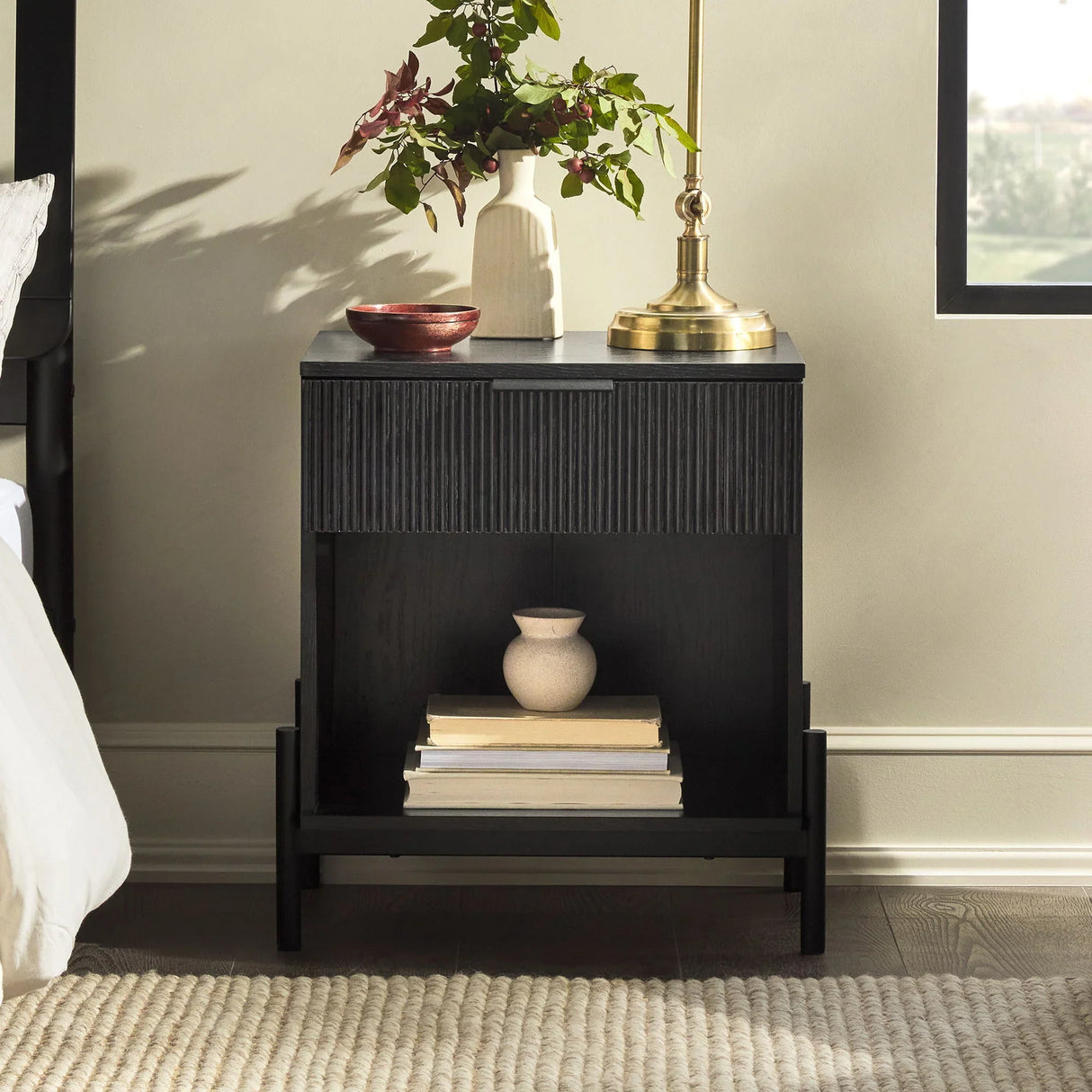 Modern Fluted Drawer Nightstand With Open Cubby Coastal - Furniture Home Direct