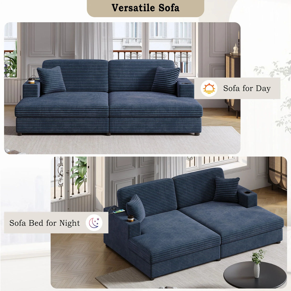 Oversized Loveseat Chaise With 2 USB Ports, 2 Cup Holders And 2 Throw Pillows - Furniture Home Direct
