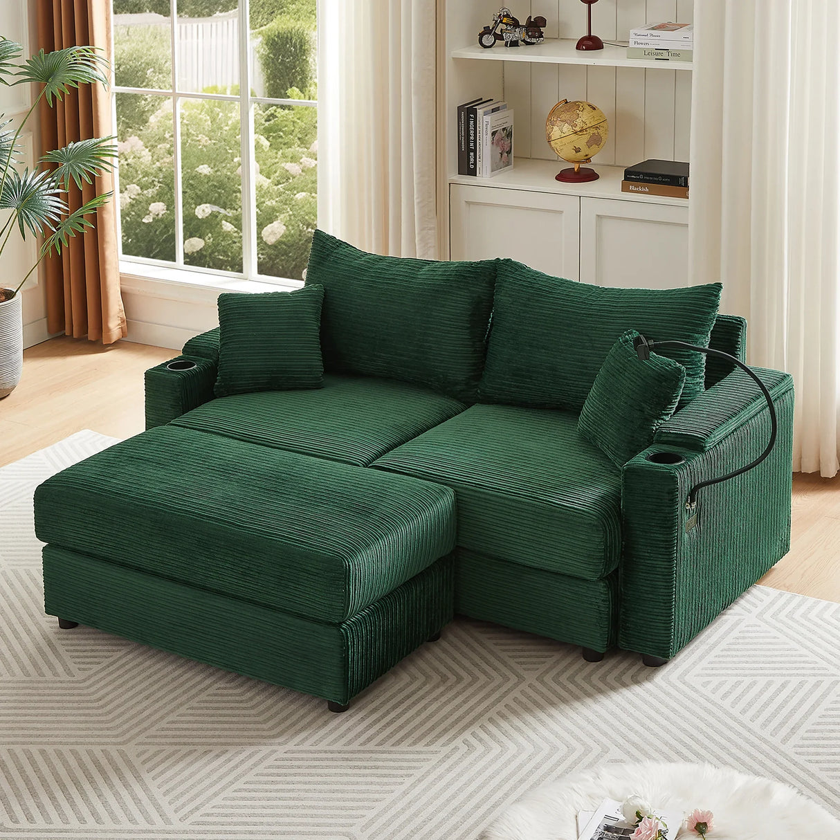 Sofa and Ottoman With Storage, Two USB Ports, Two Cup Holders and Phone Holder - Green - Furniture Home Direct