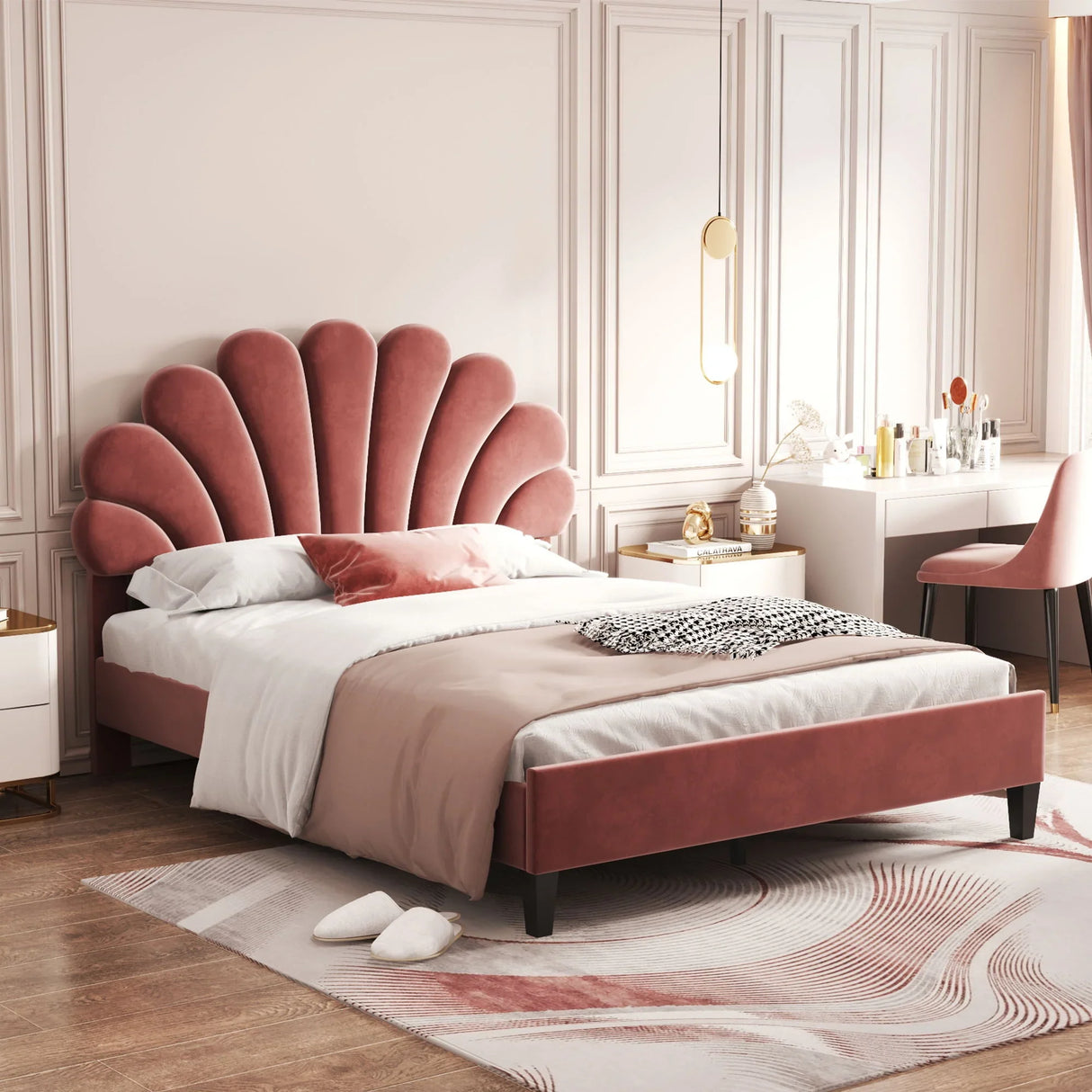 Upholstered Platform Bed With Flower Pattern Velvet Headboard - Furniture Home Direct