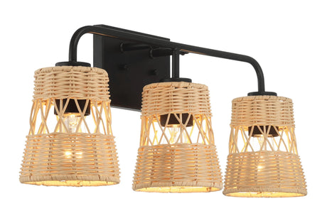 Moonlit - 3 Lights Wall Sconce With Shade, Bathroom Lighting Fixtures Over Mirror - Black / Rattan - Furniture Home Direct