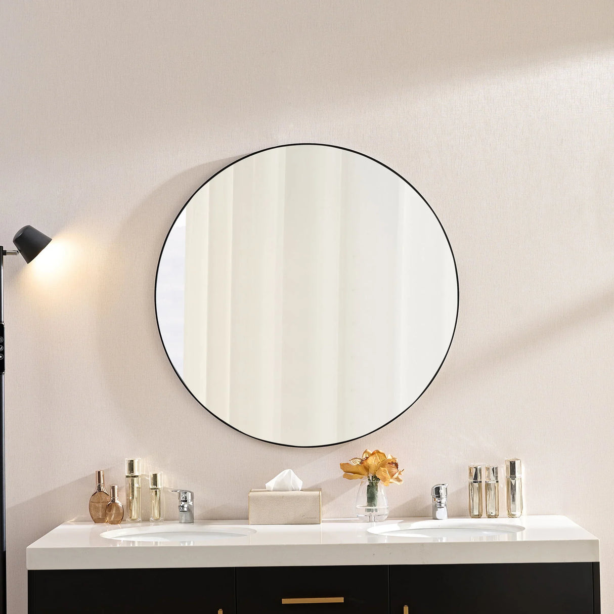 Wall Circular Framed Vanity Mirror For Bathroom, Living Room Decor - Black - Furniture Home Direct