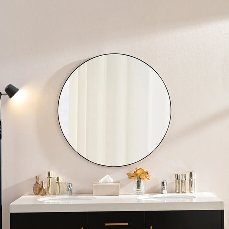 Wall Circular Framed Vanity Mirror For Bathroom, Living Room Decor - Black - Furniture Home Direct