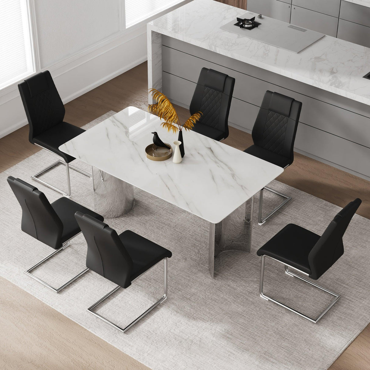 Dining Set Marble Table With Black Upholstered Chairs White - Furniture Home Direct