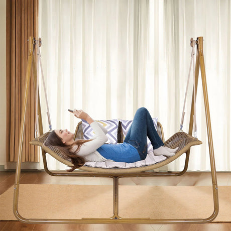 Hammock Swing Chair With Stand For Indoor, Outdoor, Anti-Rust Wood-Colored Frame With Cushion Oversized Double Hammock Chair For Patio Balcony Bedroom Ban On Amazon - Gold / Brown - Furniture Home Direct