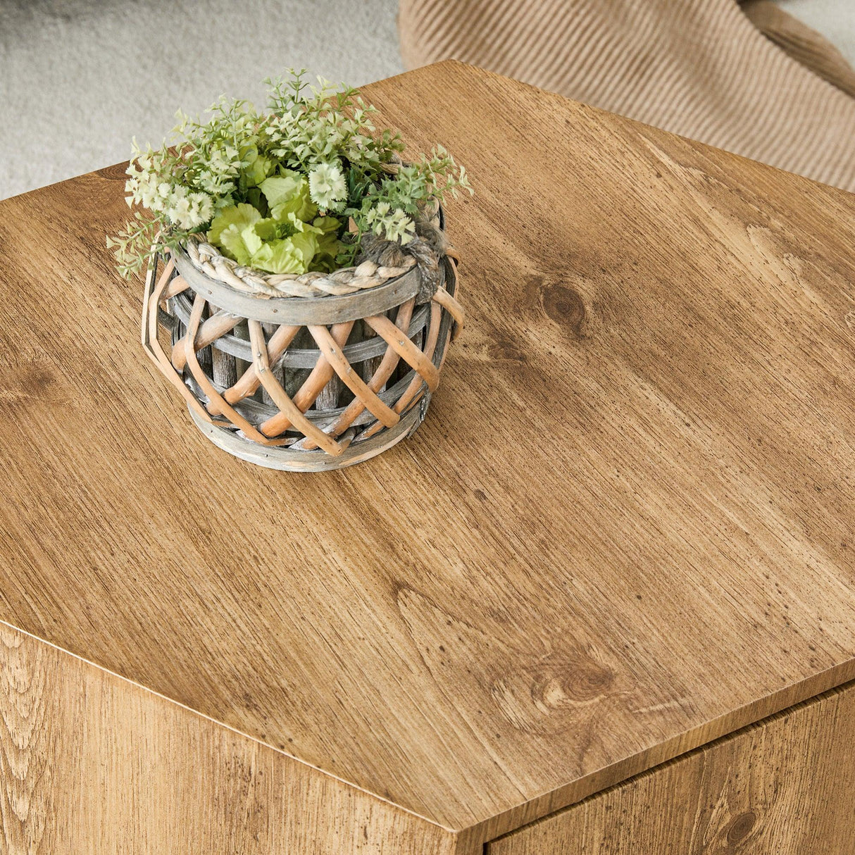 Coffee Table Hexagonal Drawer Unit Sleek Natural Wood - Furniture Home Direct