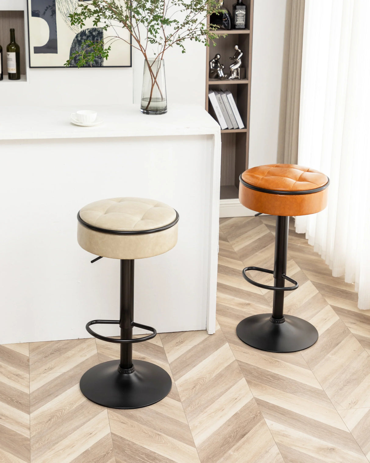 Bar Stool Round Tufted PU Leather Adjustable Height Brown - Furniture Home Direct