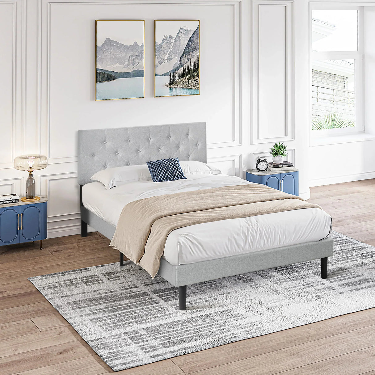 Modern Upholstered Platform Bed Frame With Button Tufted Linen Fabric Headboard - Furniture Home Direct