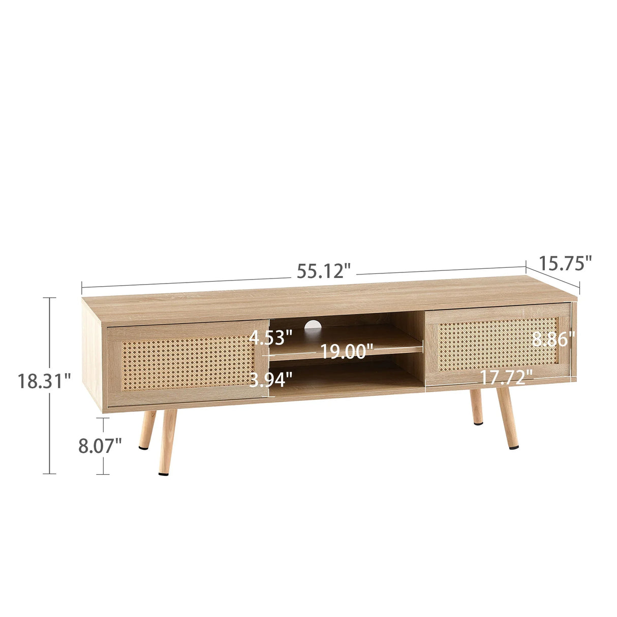 55.12" Rattan TV Cabinet, Double Sliding Doors For Storage, Adjustable Shelf, Solid Wood Legs, TV Console For Living Room - Furniture Home Direct