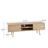 55.12" Rattan TV Cabinet, Double Sliding Doors For Storage, Adjustable Shelf, Solid Wood Legs, TV Console For Living Room - Furniture Home Direct