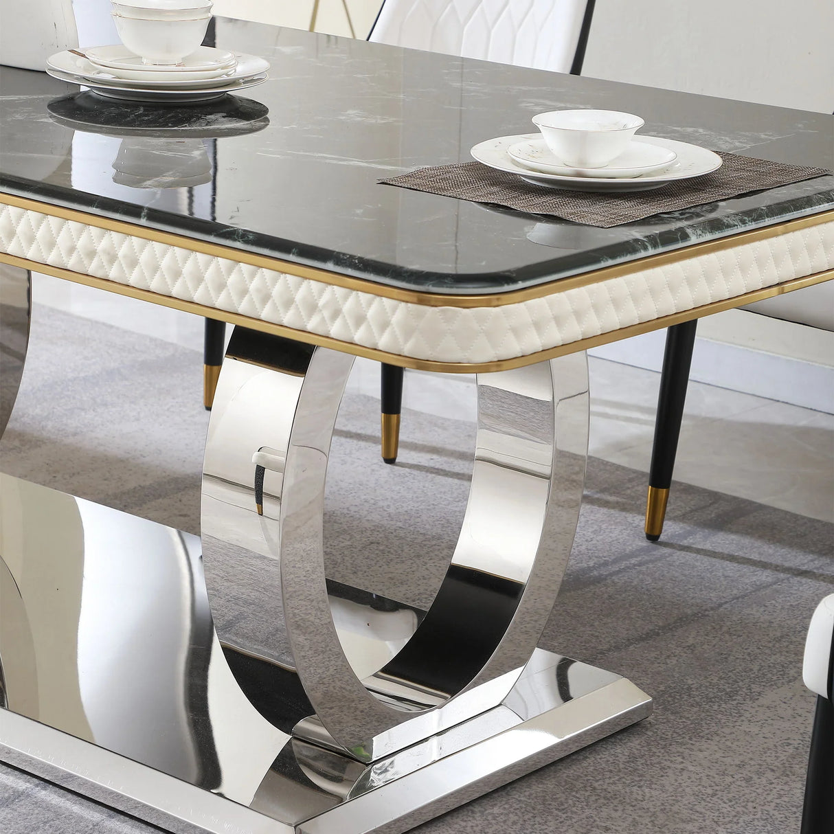 Luxury Modern Dining Table With Faux Marble Top And Dual Circle Base - Black - Furniture Home Direct