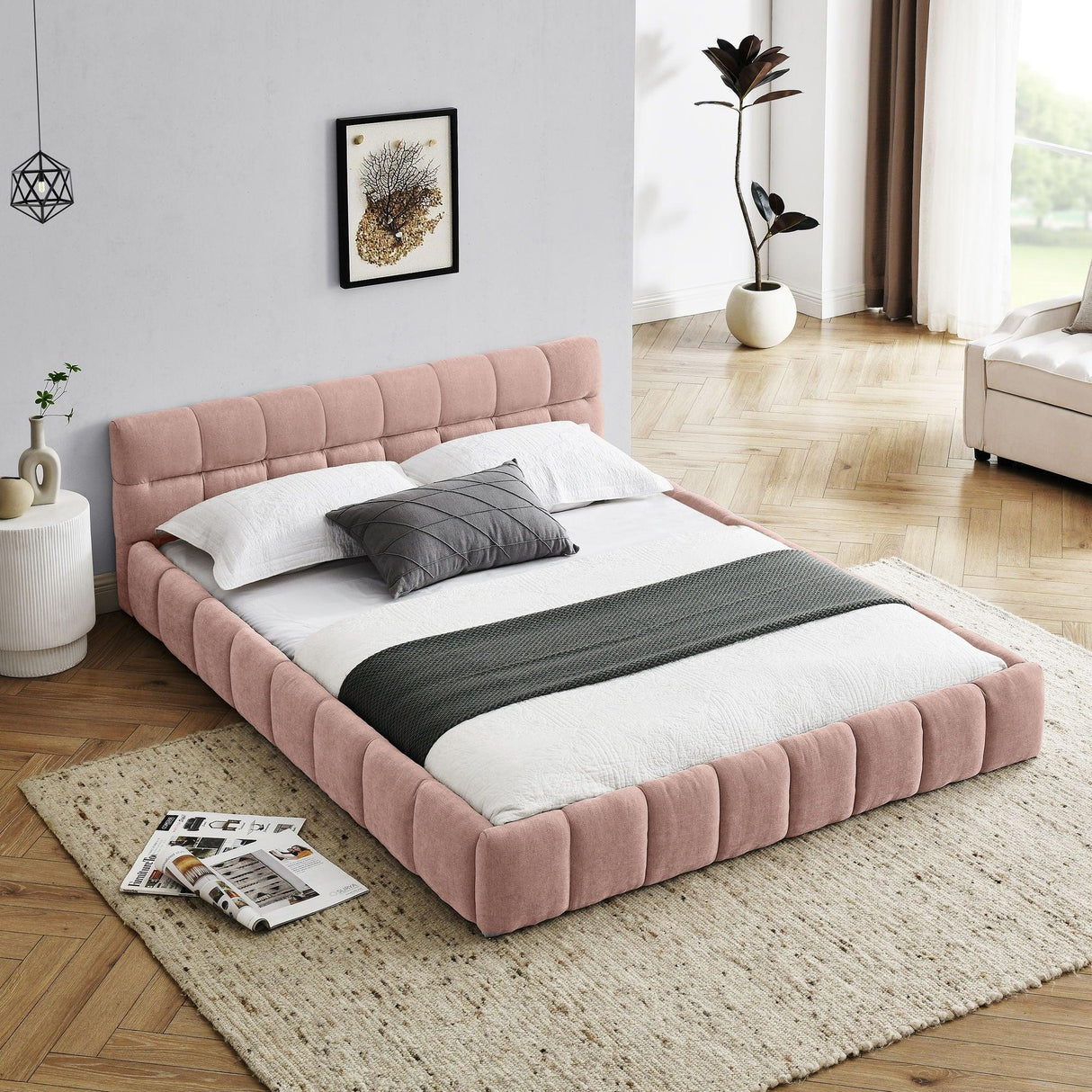 Modern Platform Bed Frame With Thick Chenille Fabric - Furniture Home Direct