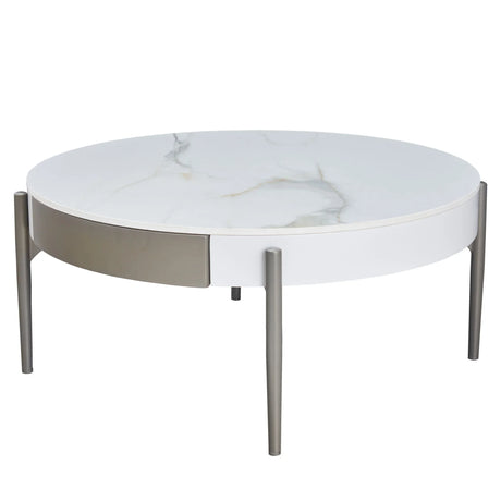 Modern Round Coffee Table With Storage Drawers Handcrafted Ceramic Inlay Tabletop 2 Tone Wood Legs Scandinavian Living Room Center Table - White / Gray - Furniture Home Direct