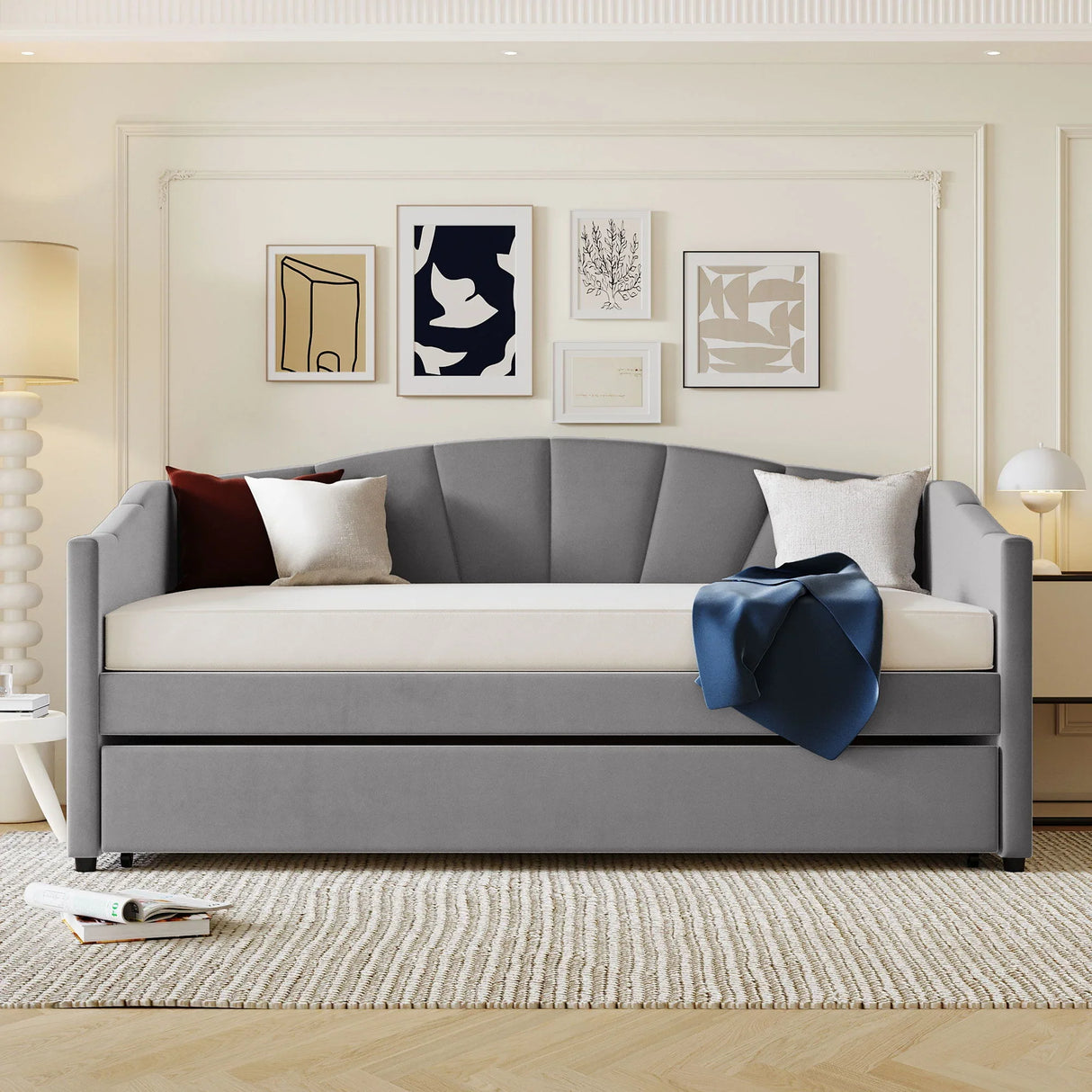 Upholstered Daybed Sofa Bed With Trundle Bed And Wood Slat - Furniture Home Direct