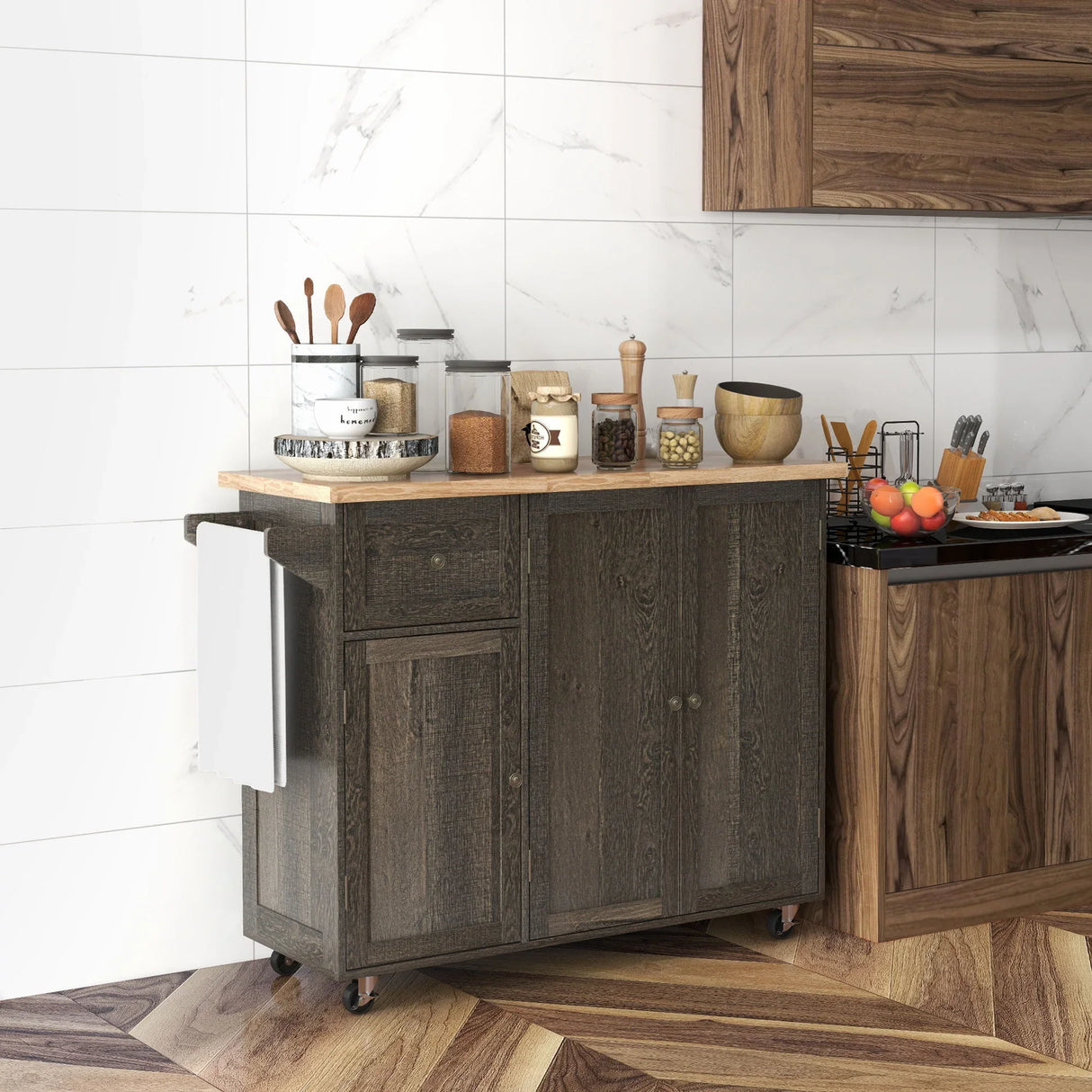 Homcom - Triple-Cabinet Rolling Kitchen Island On Wheels, Kitchen Cart With Storage Shelf Adjustment, Rolling Utility Cart With Wood Top, Towel Rack, Big Drawer - Distressed Brown - Furniture Home Direct