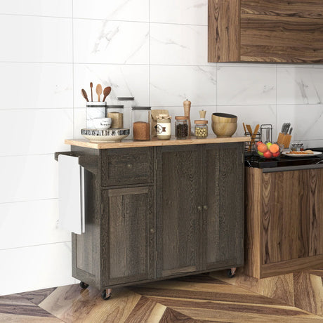 Homcom - Triple-Cabinet Rolling Kitchen Island On Wheels, Kitchen Cart With Storage Shelf Adjustment, Rolling Utility Cart With Wood Top, Towel Rack, Big Drawer - Distressed Brown - Furniture Home Direct