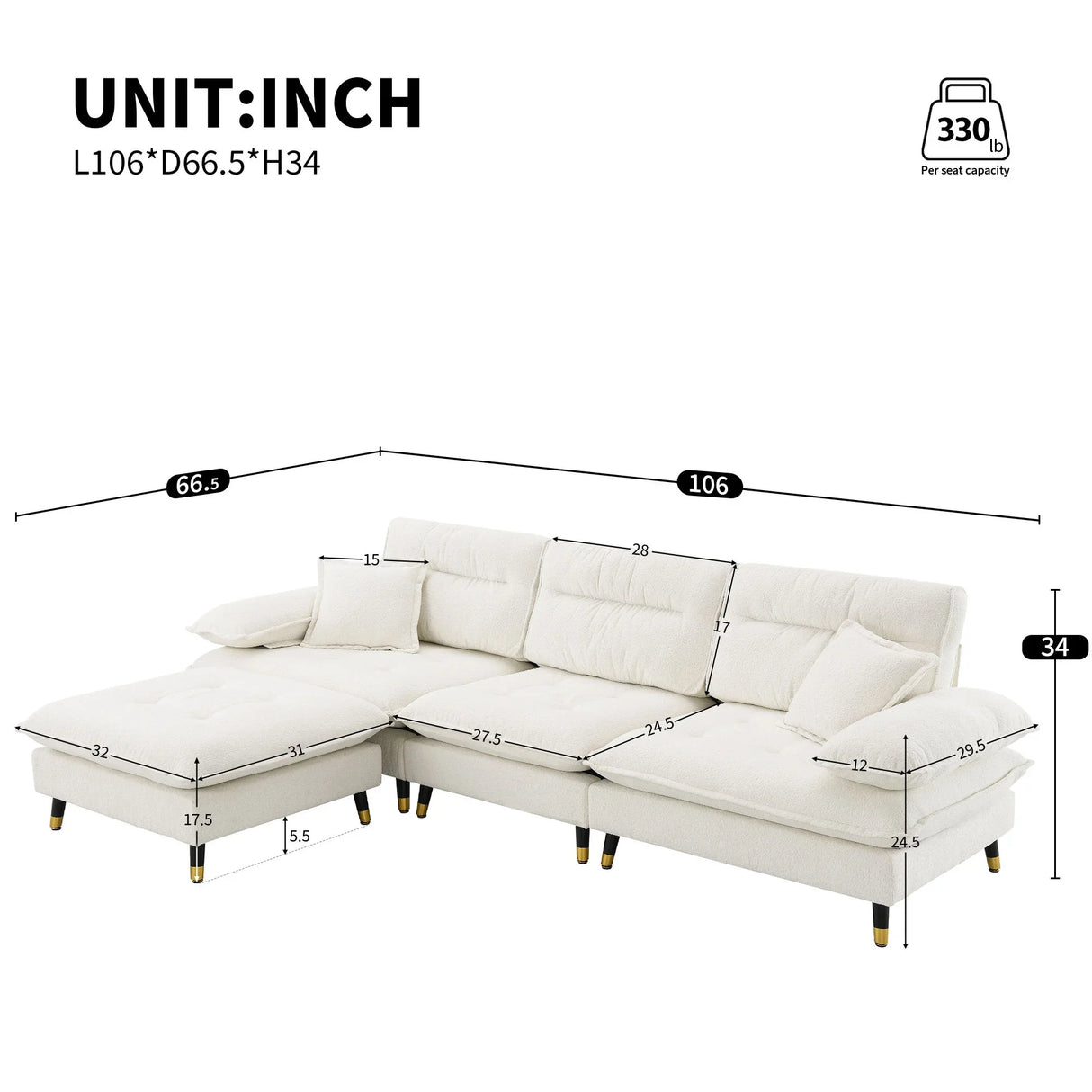 L Shaped Convertible Sectional Sofa 4 Seat Tufted Couch Set With Two Tone Adjust Legs Cloud Movable Ottoman - Furniture Home Direct