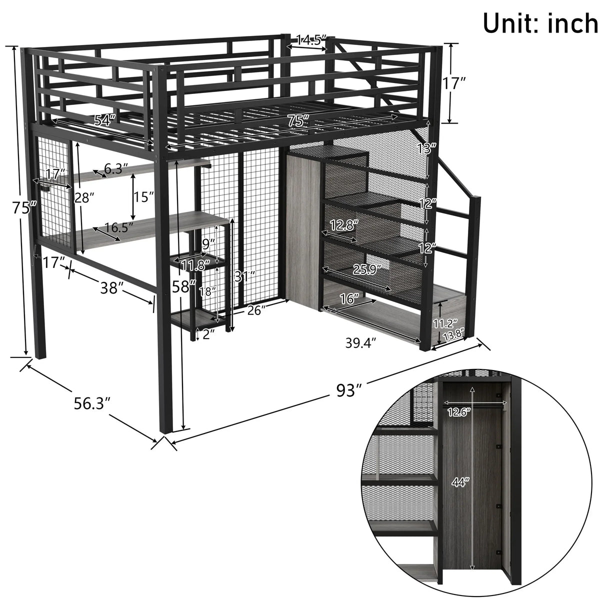 Metal Loft Bed With Wardrobe, Desk, Storage Shelves - Furniture Home Direct