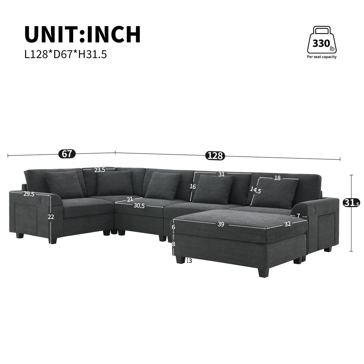 U Shaped Sectional Sofa 6 Seat Couch Set With Oversized Ottoman, Hidden Armrest Storage And Cup Holders USB Charging Ports Wide Seat Sofa - Furniture Home Direct