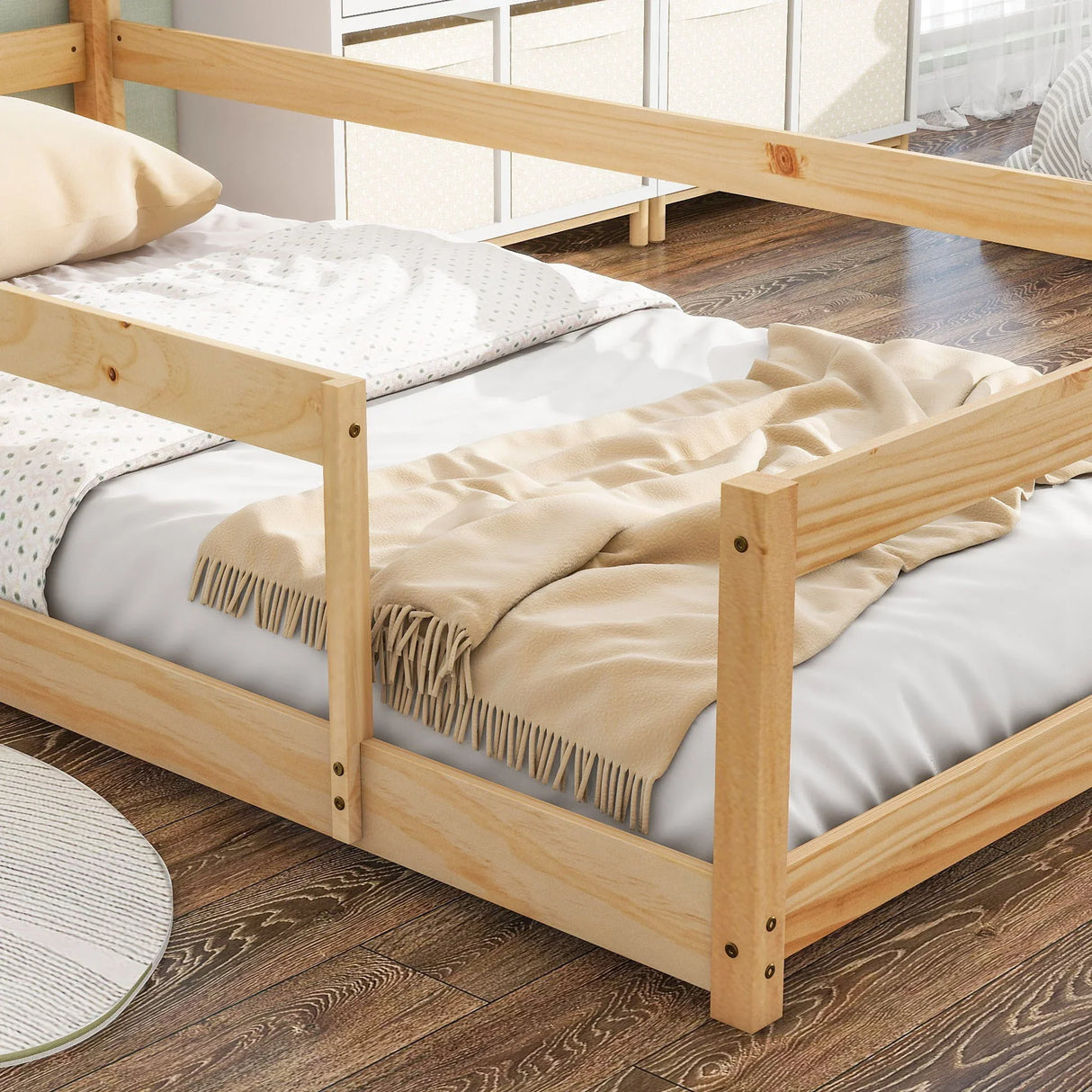 Wood Bed With House Shaped Headboard Floor Bed With Fences - Furniture Home Direct