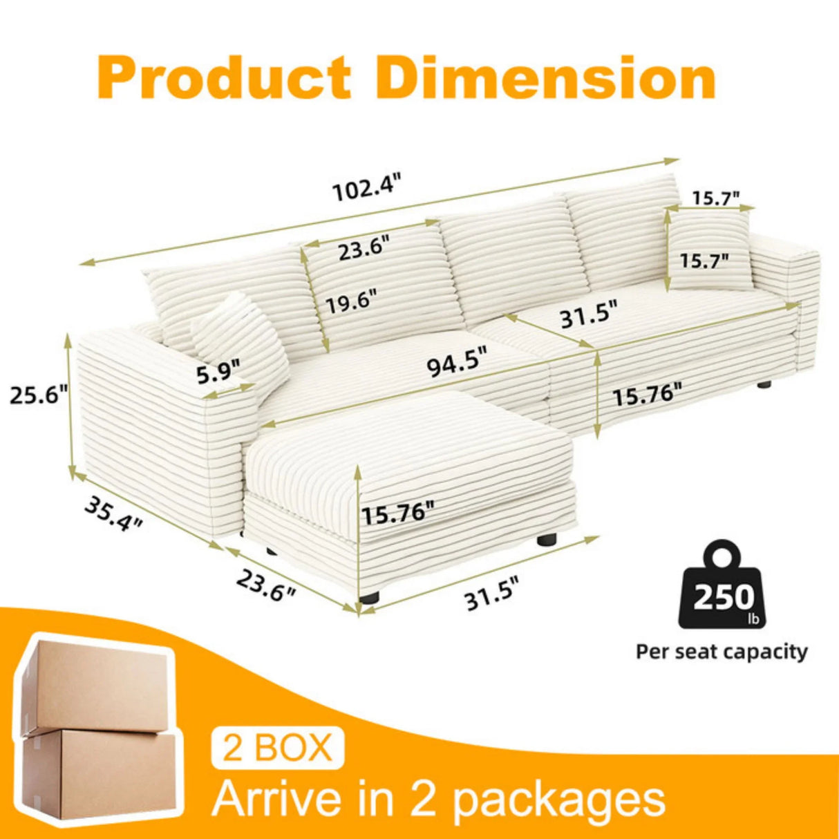 Plush Corduroy 4 Seat Sofa With Soft Pillows And Movable Ottoman - Furniture Home Direct